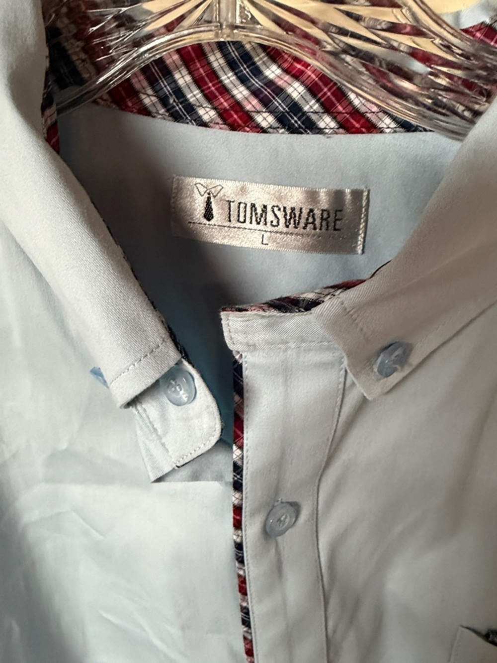 Tomsware Light Blue Button-Down Shirt with Plaid Trim